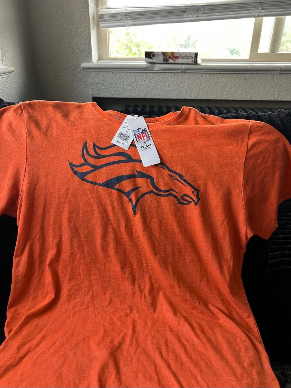 Nike Orange Crew Neck Tee with Navy Broncos Logo - Men's Short Sleeve